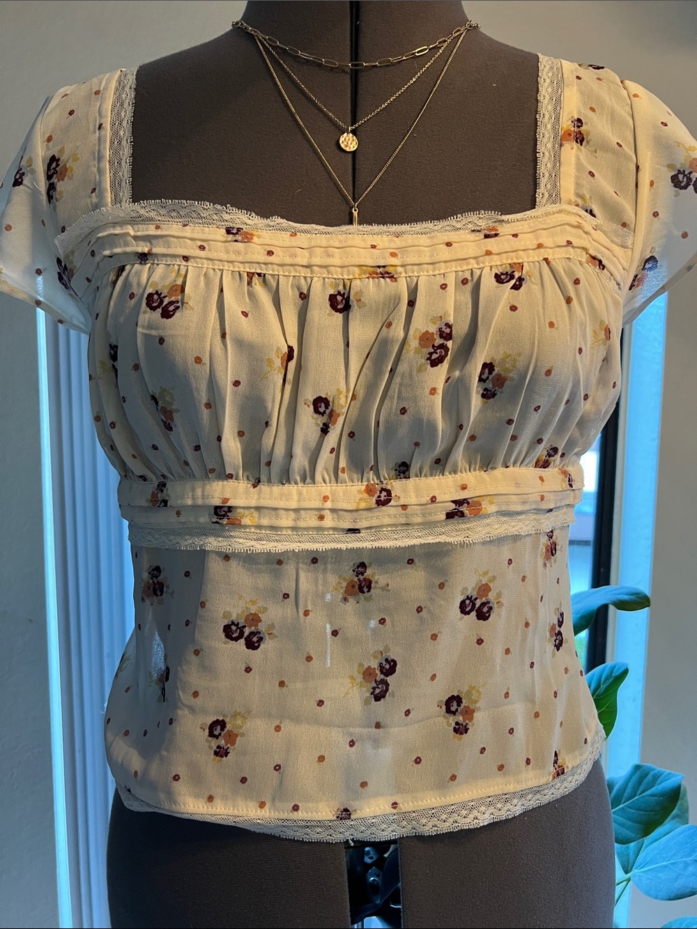 Free People Cream Floral Square-Neck Blouse
